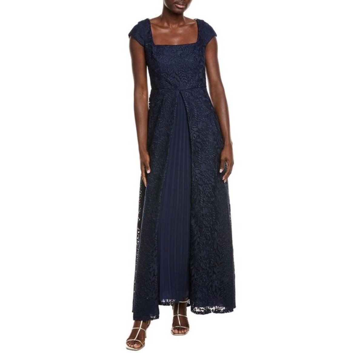 Kay Unger New York Claudia Navy Blue Lace Cap Sleeve Gown Pleated Dress Sz 6